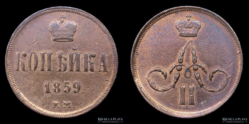 Rusia. Alexander II (1855-1881). 1 Kopeck 1859 EM. Cobre; 23.1mm; 4.94g. KM Y3.1...