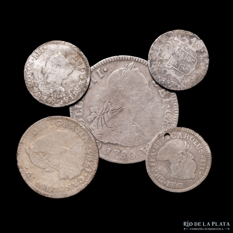 Potosi y Santiago. Lote x5. Carlos III-IV. 1780-1794. Plata; 14g (total). Varias...