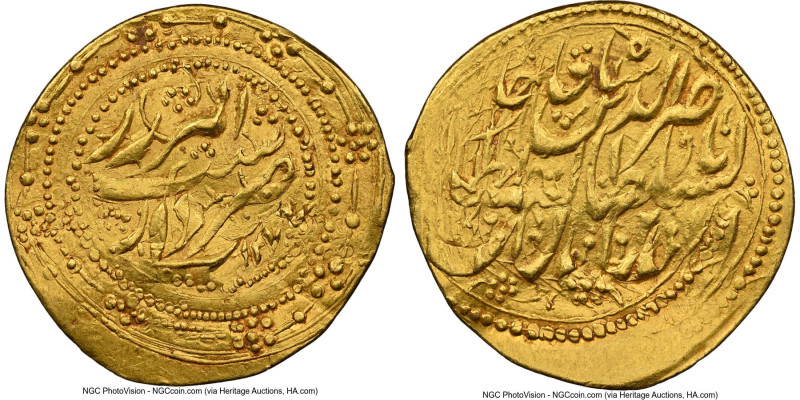 Qajar. Nasir al-Din Shah gold Toman AH 1277 (1860/1861) AU Details (Bent) NGC, R...