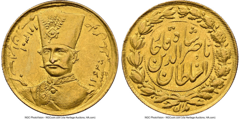 Qajar. Nasir al-Din Shah gold Toman AH 1301 (1884) MS61 NGC, Tehran mint, KM933,...