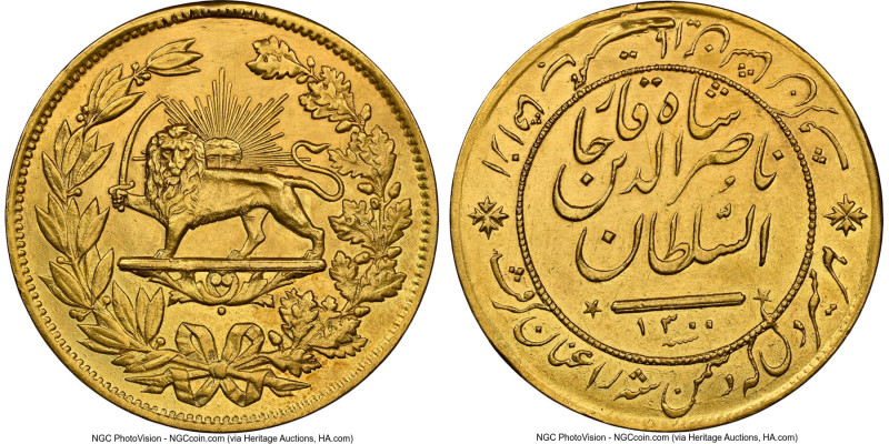 Qajar. Nasir al-Din Shah gold Medallic 5 Toman AH 1300 (1883/1884) AU Details (M...