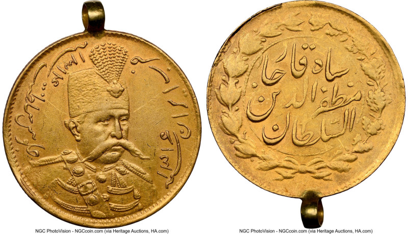 Qajar. Muzaffar al-Din Shah gold Toman AH 1316 (1898/1899) AU Details (Mounted) ...