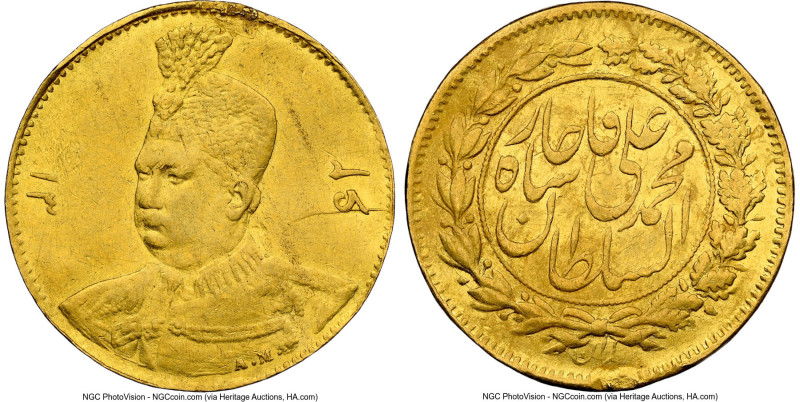 Qajar. Muhammad Ali Shah gold 1/2 Toman (5000 Dinars) AH 1326 (1908/1909) AU Det...