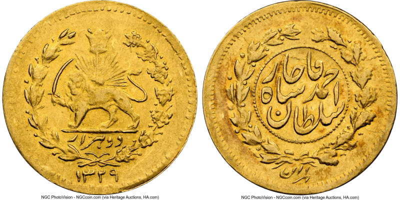 Qajar. Sultan Ahmad Shah gold 1/5 Toman (2000 Dinars) AH 1329 (1911) AU58 NGC, K...