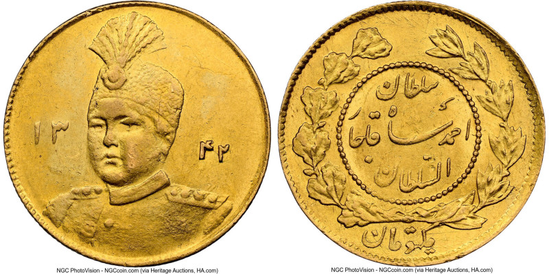 Qajar. Sultan Ahmad Shah gold Toman AH 1342 (1923/1924) AU58 NGC, KM1074. From t...