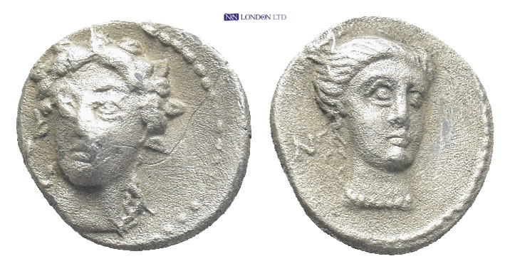 CILICIA, Nagidos. Circa 400-380 BC. AR Obol (9mm, 0.75 g) Wreathed head of young...