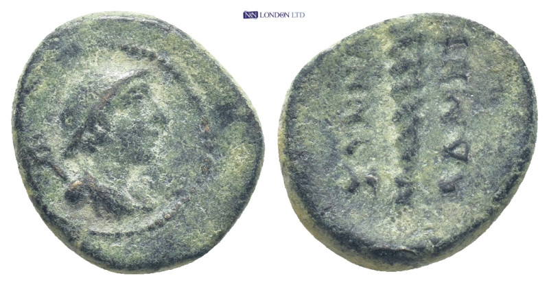 PHRYGIA. Synnada. Ae (14mm, 2.6 g) (2nd-1st centuries BC). Obv: Bust of Hermes r...
