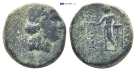 Seleukid Kings, Antiochos III (222-187 BC). Æ (17mm, 5.0 g). Sardes. Laureate head of Apollo r. R/ Apollo standing l., testing arrow held in r. hand, ...
