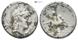 Pub. Crepusius. AR Fourree Denarius (18mm, 3.4 g), Rome Mint, 82 B.C. Obverse: Laureate head of Apollo right, with scepter over shoulder; uncertain co...