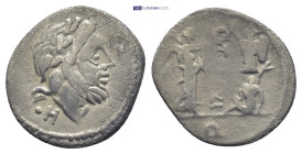 C. Fundanius AR Quinarius. (16mm 1.7 g) Rome, 101 BC. Laureate head of Jupiter right, H behind / Victory standing right, holding palm branch and crown...