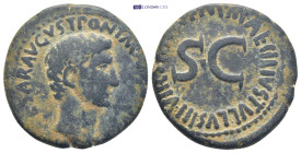 Augustus, 27 BC-AD.14, Rome. Æ (26mm, 11.0 g). CAESAR AVGVST PONT MAX TRIBVNIC PONT. Bare head right. / M MAECILIVS TVLLVS IIIVIR AAAFF; S.C.