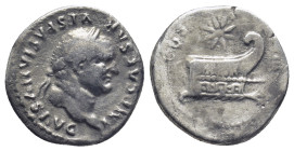 Vespasian AR Denarius. (17mm, 3.0 g) Rome, AD 77-80. IMP CAESAR VESPASIANVS AVG, laureate head right / COS VIII, prow facing right, with eight pointed...