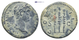 Hadrian. A.D. 117-138. Æ quadrans (17mm, 3.3 g). Rome, ca. A.D. 124-128. HADRIANVS AVGVSTVS P P, laureate head of Hadrian right / COS III, S C across ...