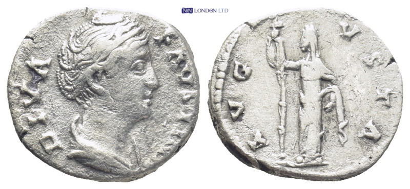 Diva Faustina I AD 140-141. Rome Denarius AR (16mm, 3,4 g) DIVA FAVSTINA, bust d...