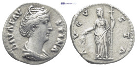 Diva Faustina I. Silver Denarius (17mm, 3.28 g), died AD 140/1. Rome, under Antoninus Pius, ca. AD 141-146. DIVA FAV-STINA, draped bust of Faustina I ...