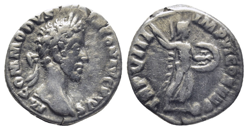 Commodus AR Denarius. (16mm, 2.9 g) Rome, AD 183. Laureate head right / Minerva ...