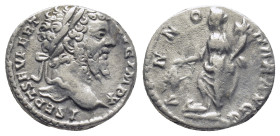 Septimius Severus AR Denarius. (16mm, 3.2 g) Rome, AD 197-198. [L] SEPT SEV PERT AVG IM[P X], laureate head right / ANNO[NAE AVGG], Annona standing fa...