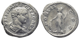 Geta as Caesar AD 205-208. Rome Denar AR (19mm., 3,3 g). P SEPTIMIVS GETA CAES, bareheaded and draped bust right / PONTIF COS, Minerva standing left, ...