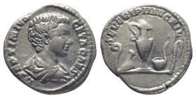 Geta, as Caesar. AD 197-209. AR Denari (17mm, 3.0 g). Rome. L SEPTIMIVS GETA CAES, bare-headed and draped bust of Geta right / SEVERI PII AVG FIL, emb...