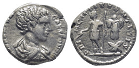Caracalla, Caesar, 196-198. Denarius (17mm, 3.3 g), Rome, 196-197. M AVR ANTON CAES PONTIF Bare-headed and draped bust of Caracalla to right, seen fro...