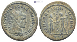 Diocletian Antioch, 293-295 AD. Æ antoninianus, (21mm, 4.2 g). IMP C C VAL DIOCLETIANUS PF AUG radiate, draped, cuirassed bust right / CONCORDIA MILIT...