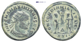 Maximianus. First reign, A.D. 286-305. AE aurelianianus (21mm, 3.9 g). Cyzicus mint, struck A.D. 293/4. IMP C M A MAXIMIANVS AVG, radiate, draped and ...