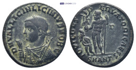 Licinius II. AD 308-324. Antioch Follis Æ (18mm, 2.8 g). D N VAL LICIN LICINIVS NOB C, pearl-diademed bust left, wearing consular robe and holding sce...