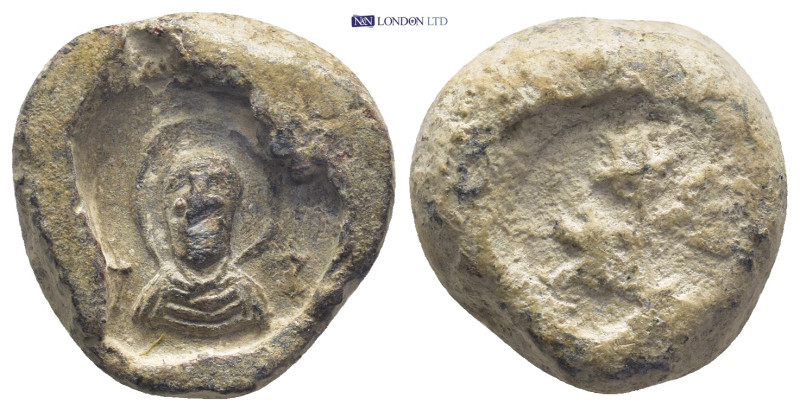 Byzantine Lead Seal, (19mm, 14.8 g) Nimbate bust of the Virgin. Cross in left an...