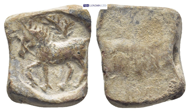 Roman. Seal (Lead, 14mm, 6.0 g), Horse advancing to left; behind, tree with thre...