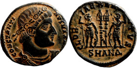 Constantinus I. (306-337 AD). Æ Follis. Obv: CONSTANTINVS MAX AVG. laureate bust of Constantinus I. right. Rev: GLORIA EXERCITVS. two soldiers holding...