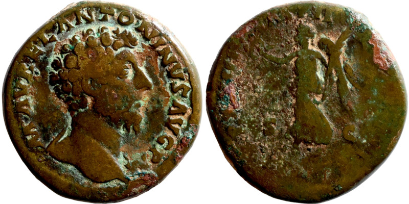 Marcus Aurelius (161-180). Æ Sestertius  Rome, AD 166. Laureate head r. R/ Victo...