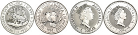 Australia - Lotto di 2 esemplari: 1 Dollaro Kookaburra 1992 e 1 Dollaro Kookaburra 1994 (ciascuno 1 oz. Ag .999)