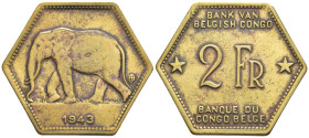 Congo Belga - 2 Franchi 1943 - Bank Van Belgish Congo - Ae. - KM#25