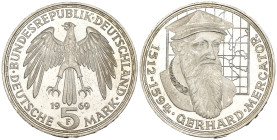 Germania - 5 Deutsche Mark 1969F - 375° anniversario della morte di Gerhard Mercator - Ag. - KM#126