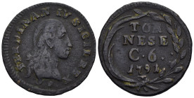 Napoli - Ferdinando IV di Borbone (1759-1816) - Tornese da 6 Cavalli 1791 - Cu. - gr. 3,13 - Gig. 158