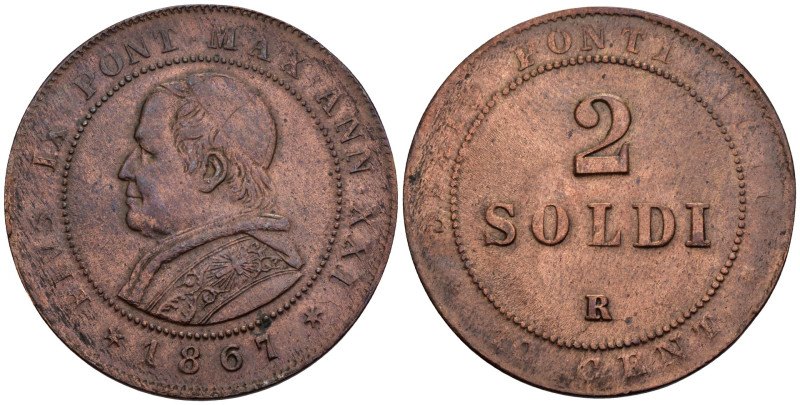 Roma - Pio IX (1846-1870) - 2 Soldi "10 Centesimi" 1867 - Cu. - Gig. 324 - Debol...