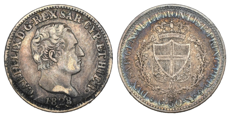 Carlo Felice (1821-1831) 50 Centesimi 1828, Torino - Gig.93 - Ag - Patina irides...