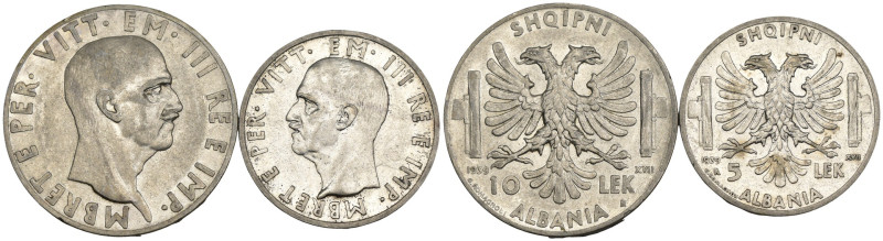 Albania Italiana - Lotto di 2 monete da 5 Lek 1939 (Ag. - Gig. 2) e 10 Lek 1939 ...