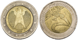 Germania - 2 Euro 2002 - asse ruotato 210° - Bimetallico: ottone nichelato rivestito di nichel al centro in un anello di rame-nichel - KM#214