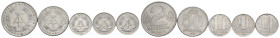 Germania Orientale DDR - Lotto di 5 monete: 2 Marchi Tedeschi 1957 (Al. - KM#14), 50 Pfennige 1958 (Al. - KM#12), 1 Pfennig 1961/64/68 (Al. - KM#8)