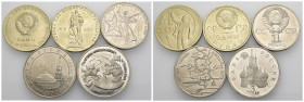 Russia - Lotto di 5 monete: 50 Copechi 1967 Y#139 - 1 Rublo 1965 Y#131.1 - 1 Rublo 1975 Y#142.1 - 3 Rubli 1993 Y#328 - 3 Rubli 1992 Y#298