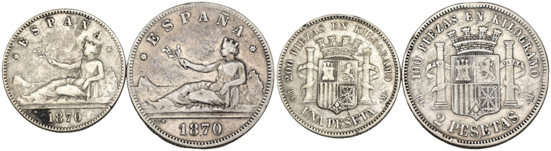 Spagna - Governo Provvisorio (1868-1871) - Lotto di 2 monete da 1 Pesetas 1870 (...