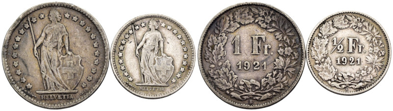 Svizzera - Lotto di 2 monete: 1 Franc 1921 Ag. KM#24 - 1/2 Franc 1921 Ag. KM#23...