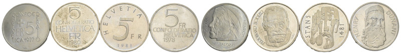 Svizzera - Lotto di 4 monete da 5 Franchi: 1977 (Cu - KM#55), 1978 (Cu - KM#56),...