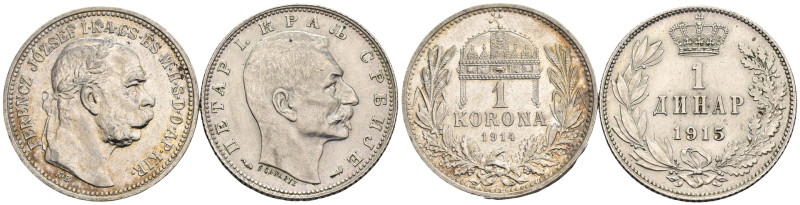 Lotto di 2 monete Mondiali: Serbia 1 Dinar 1915 KM#25 - Ungheria 1 Corona 1914 K...