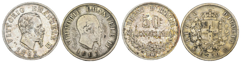 Regno d'Italia - Vittorio Emanuele II (1861-1878) - Lotto di 2 monete da 50 Cent...