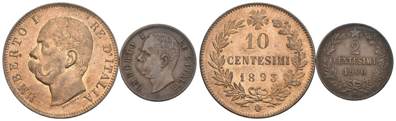 Regno d'Italia - Umberto I (1878-1900) Lotto di 2 monete: 10 Centesimi 1893, 2 C...