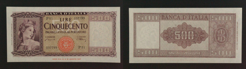 Repubblica Italiana - banconota 500 Lire "Italia ornata di spighe" 1947 - Crap. ...
