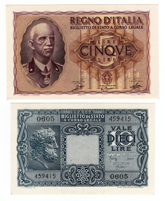 Lotto di 2 Biglietti di Stato: Vittorio Emanuele III, 5 Lire Impero 1940 XVIII; ...