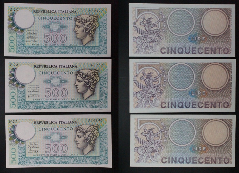 Repubblica Italiana - Lotto di 3 banconote da 500 Lire “Mercurio” 1974/1976/1979...